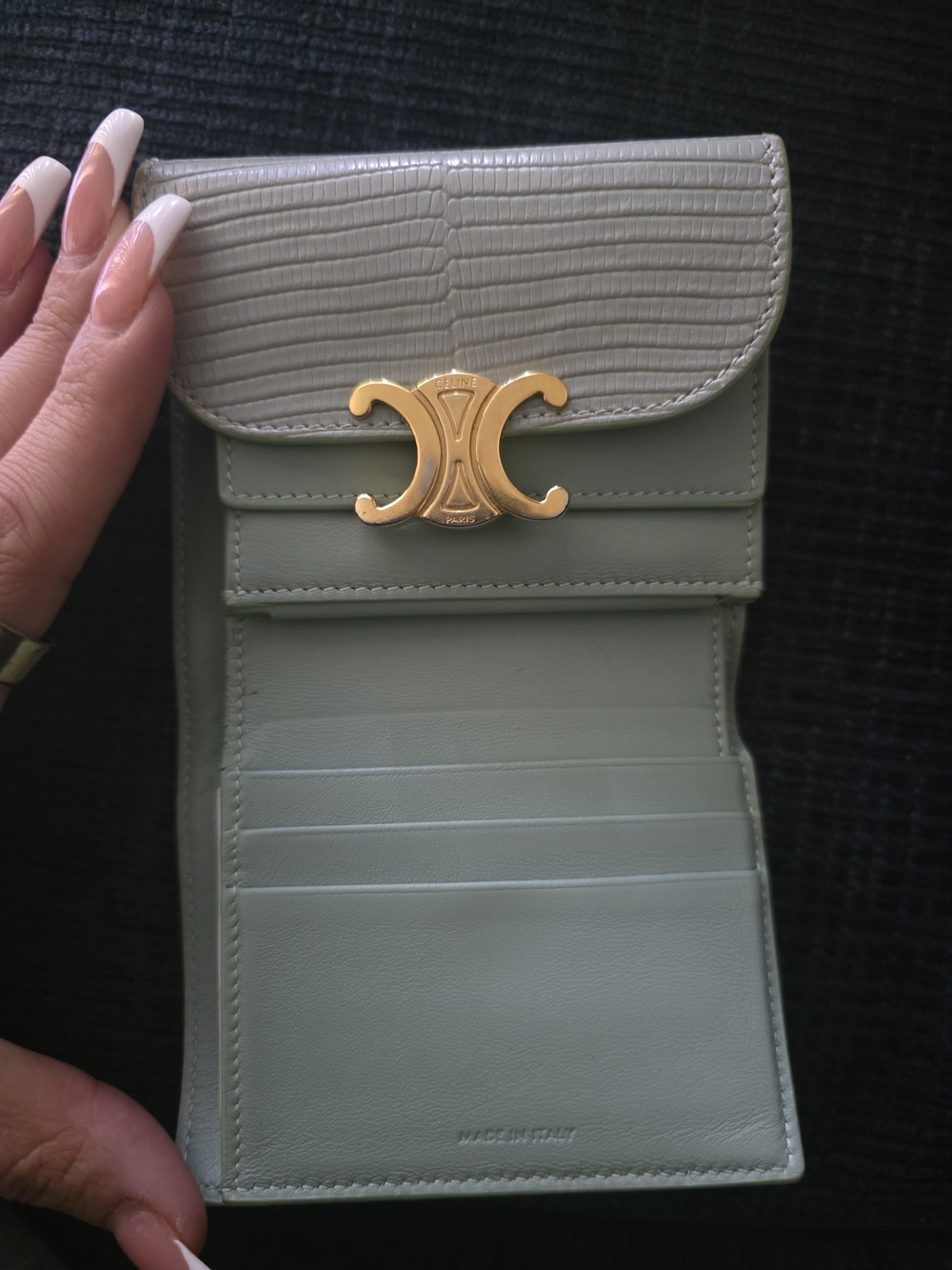 Celine Triomphe Embossed Croc Wallet in Light Green - Picture 3 of 16